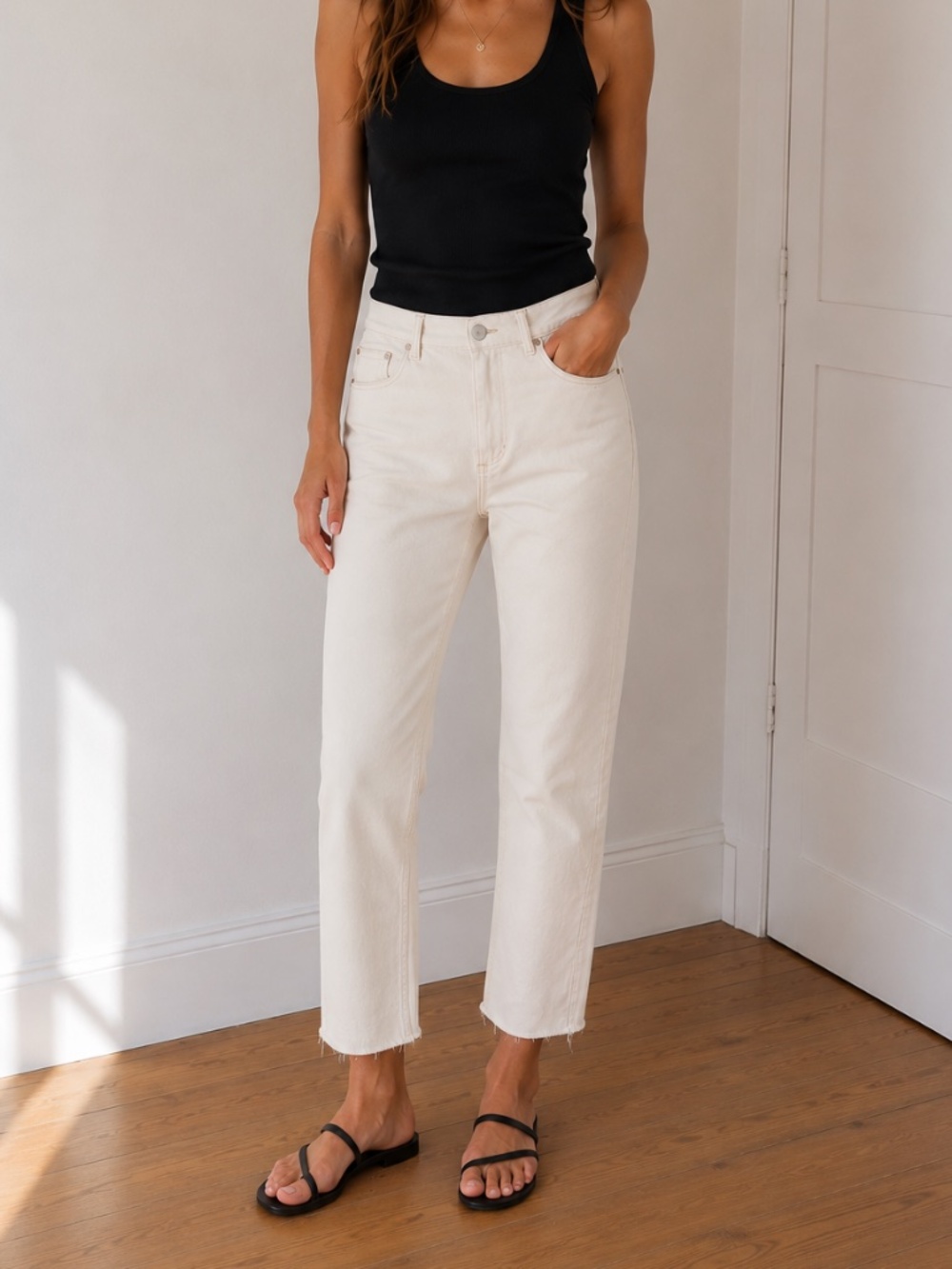 DL1961 Patti Straight Jeans Ecru High Rise Raw Hem Crop 26